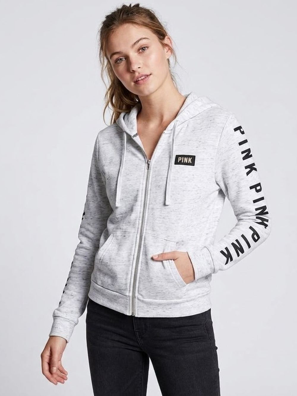 Victoria’s Secret PINK Full Zip Hoodie Sleeve Graphic Patch Logo Jacket